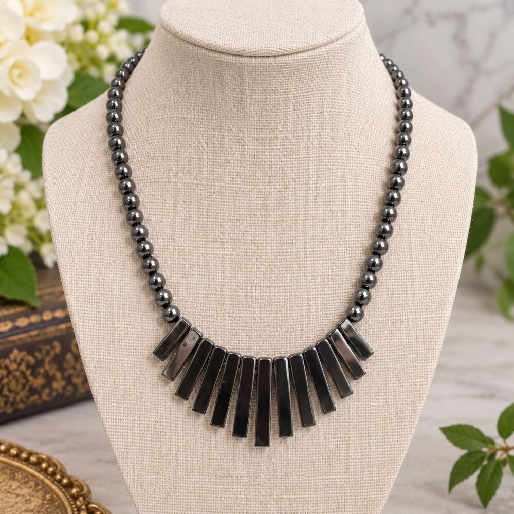 Vintage Hematite Gemstone Bar Link Beaded Bib Necklace 18"